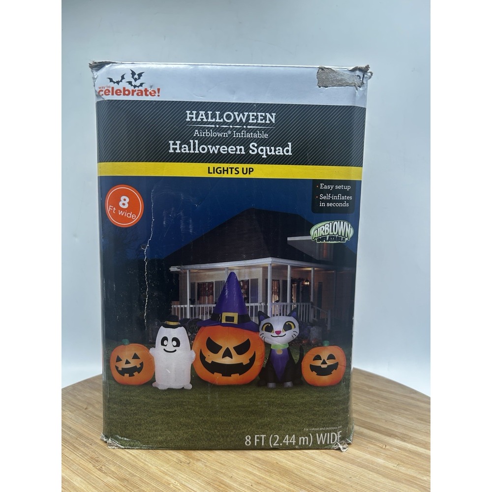 Airblown Inflatable Halloween Squad Ghost, Cat, and Pumpkin Scene Brand New 8 Ft